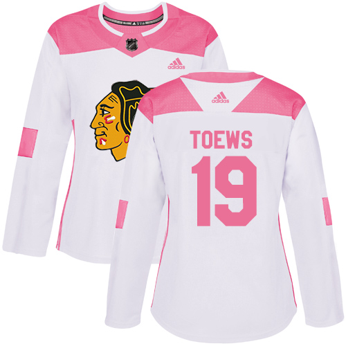 Adidas Blackhawks #19 Jonathan Toews White/Pink Authentic Fashion Women's Stitched NHL Jersey